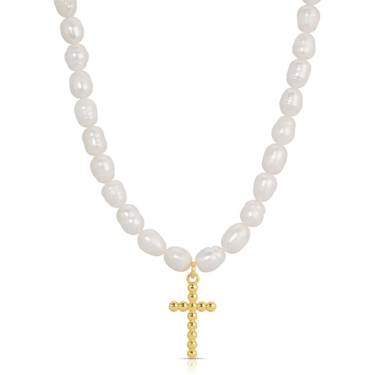 Rice Pearl & Cross Necklace