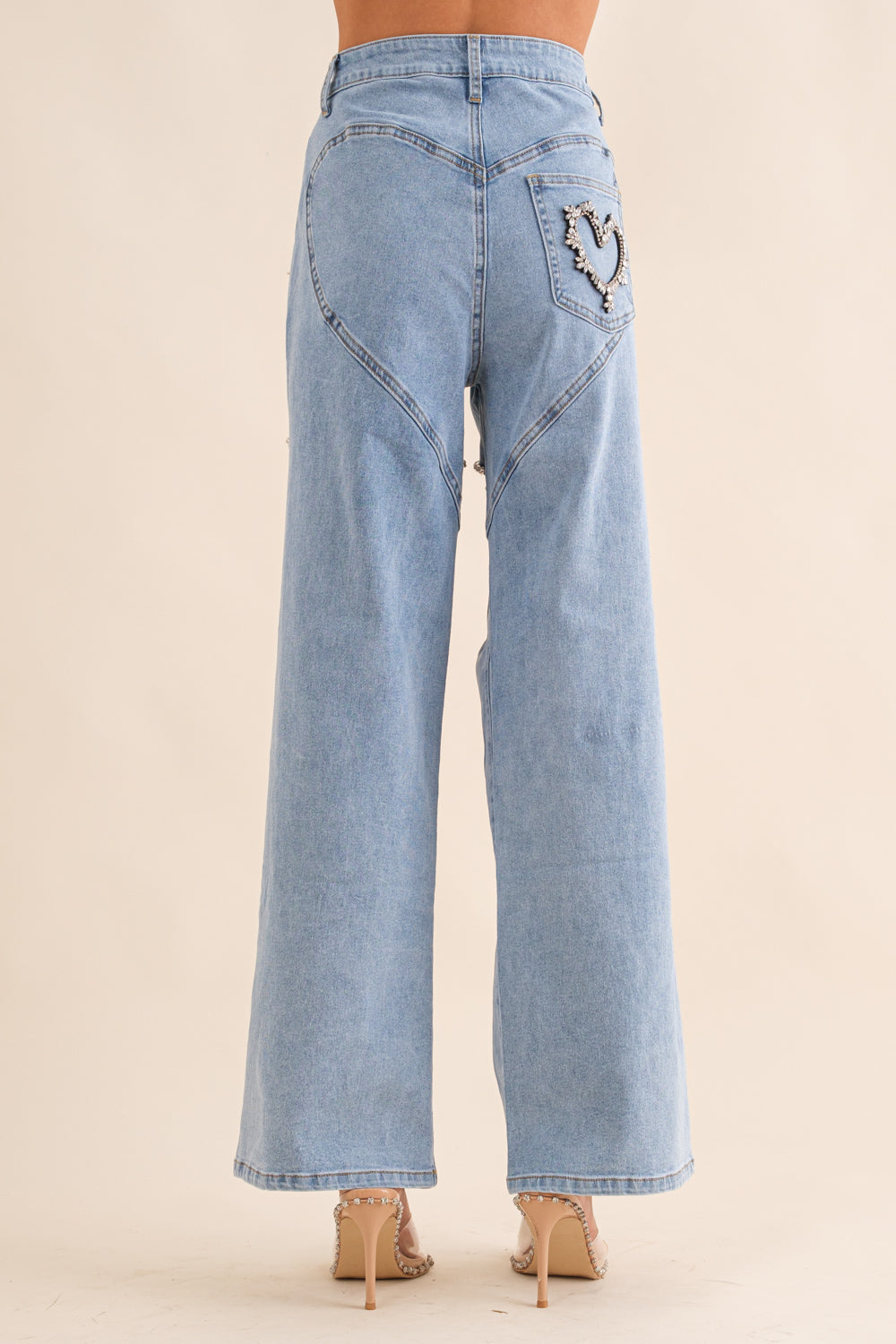 Washed Denim Cut Front Rhinestone Jeans