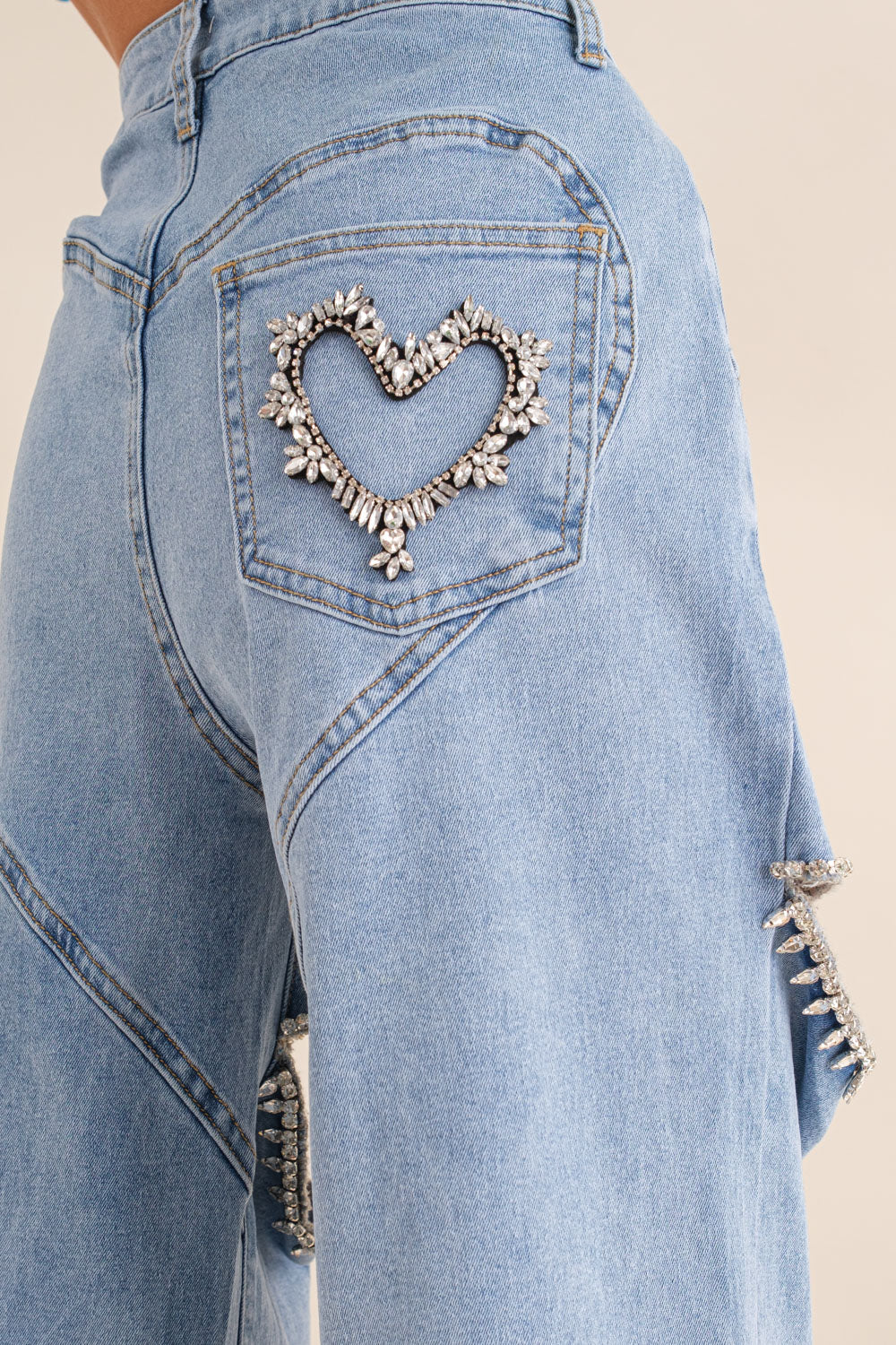 Washed Denim Cut Front Rhinestone Jeans