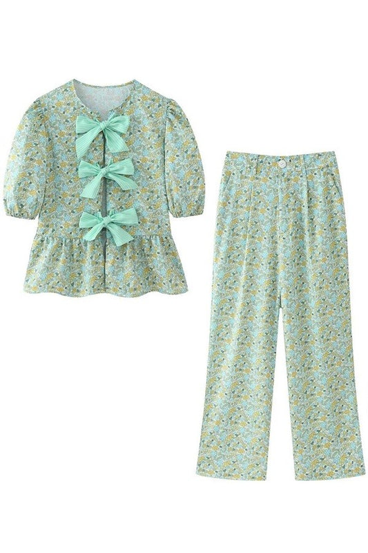 Floral Print Short Sleeve Bow Shirt and Pant Set