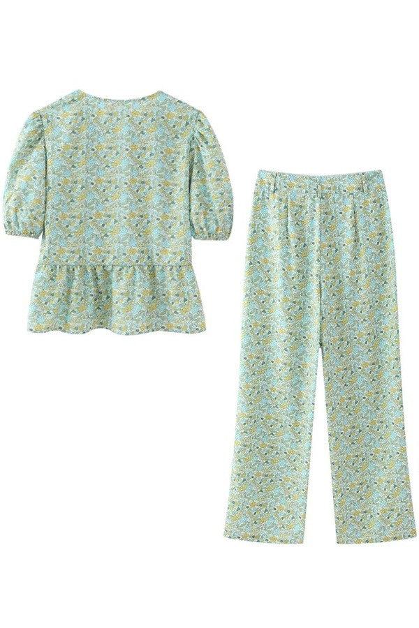 Floral Print Short Sleeve Bow Shirt and Pant Set