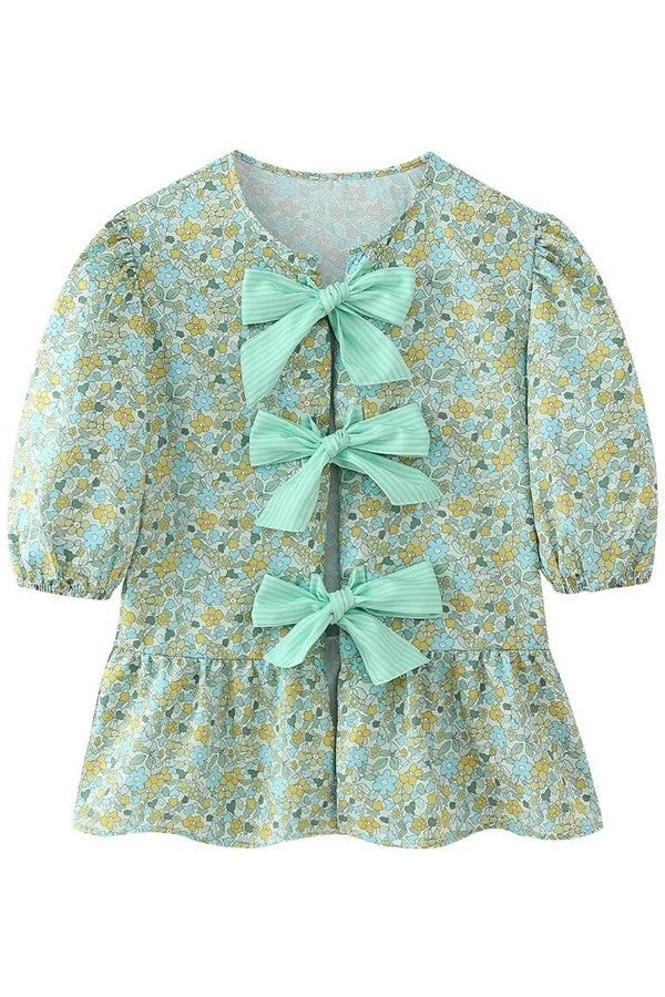 Floral Print Short Sleeve Bow Shirt and Pant Set