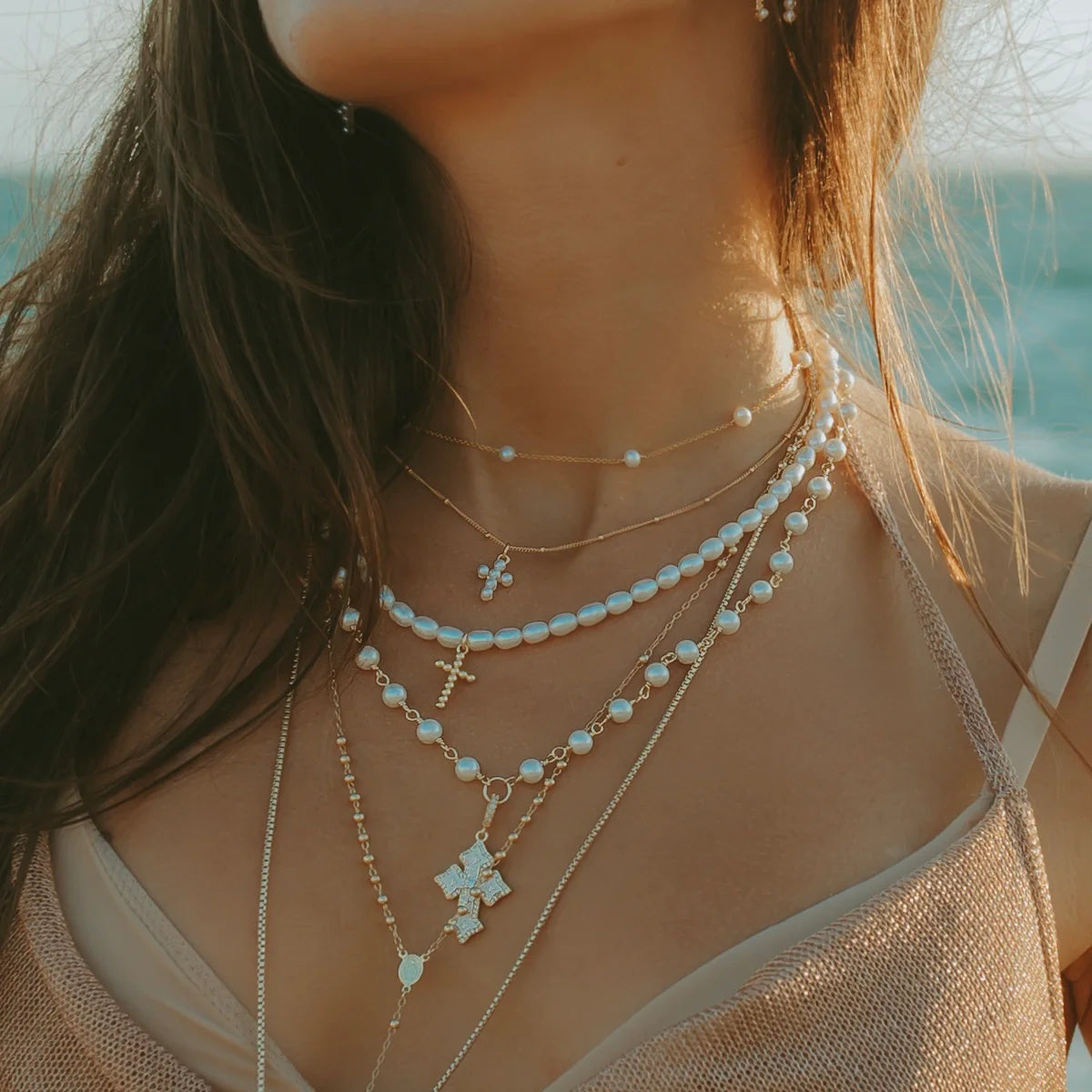 Rice Pearl & Cross Necklace