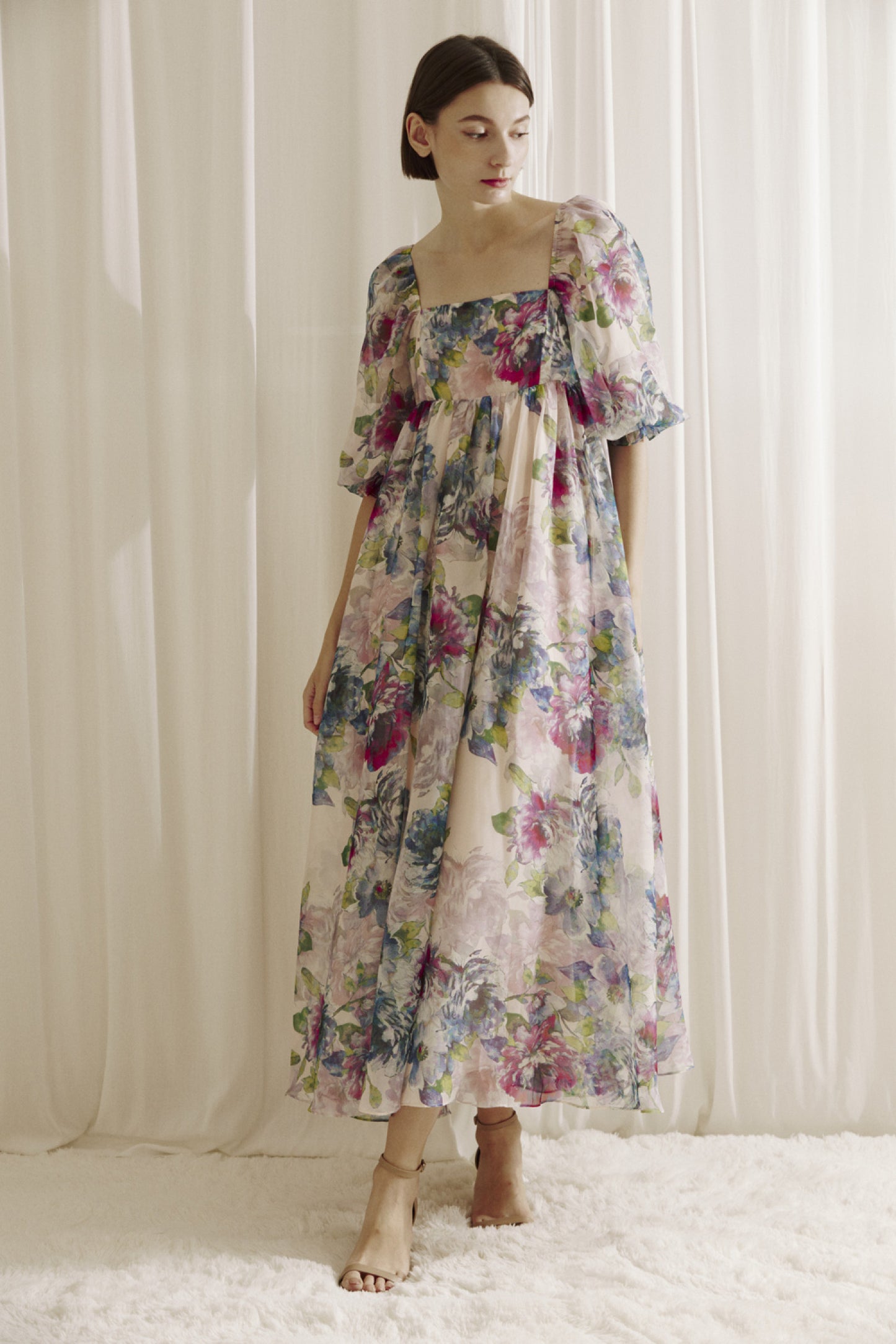 Watercolor Floral Maxi Babydoll Dress