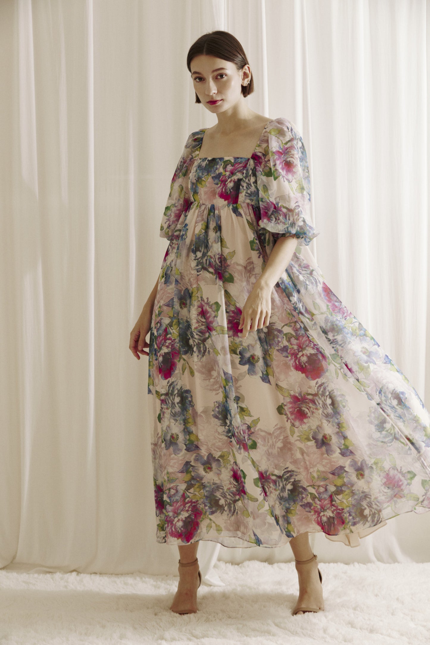 Watercolor Floral Maxi Babydoll Dress