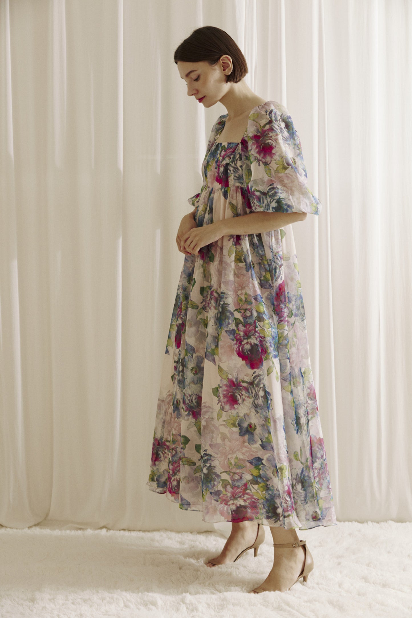 Watercolor Floral Maxi Babydoll Dress