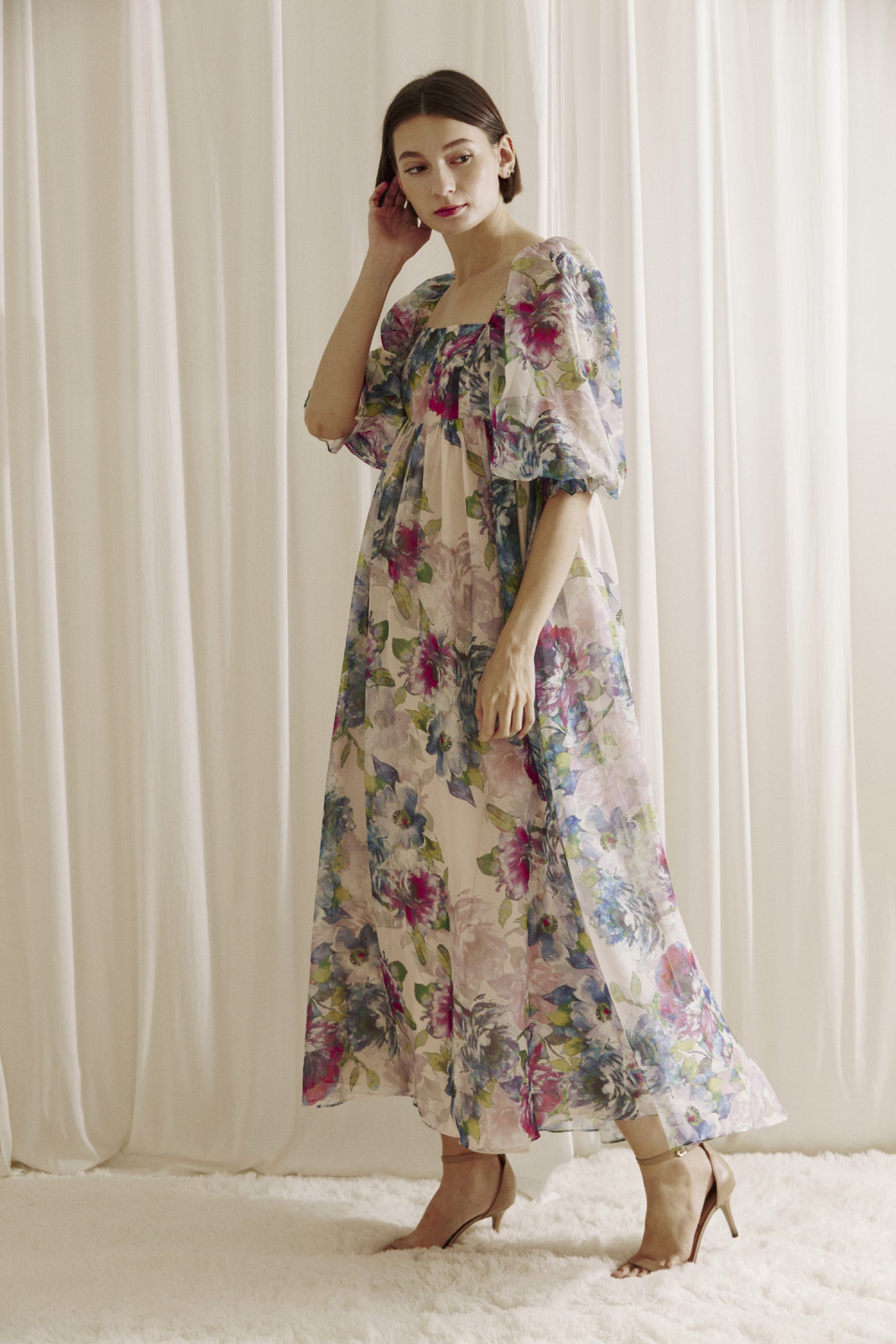 Watercolor Floral Maxi Babydoll Dress